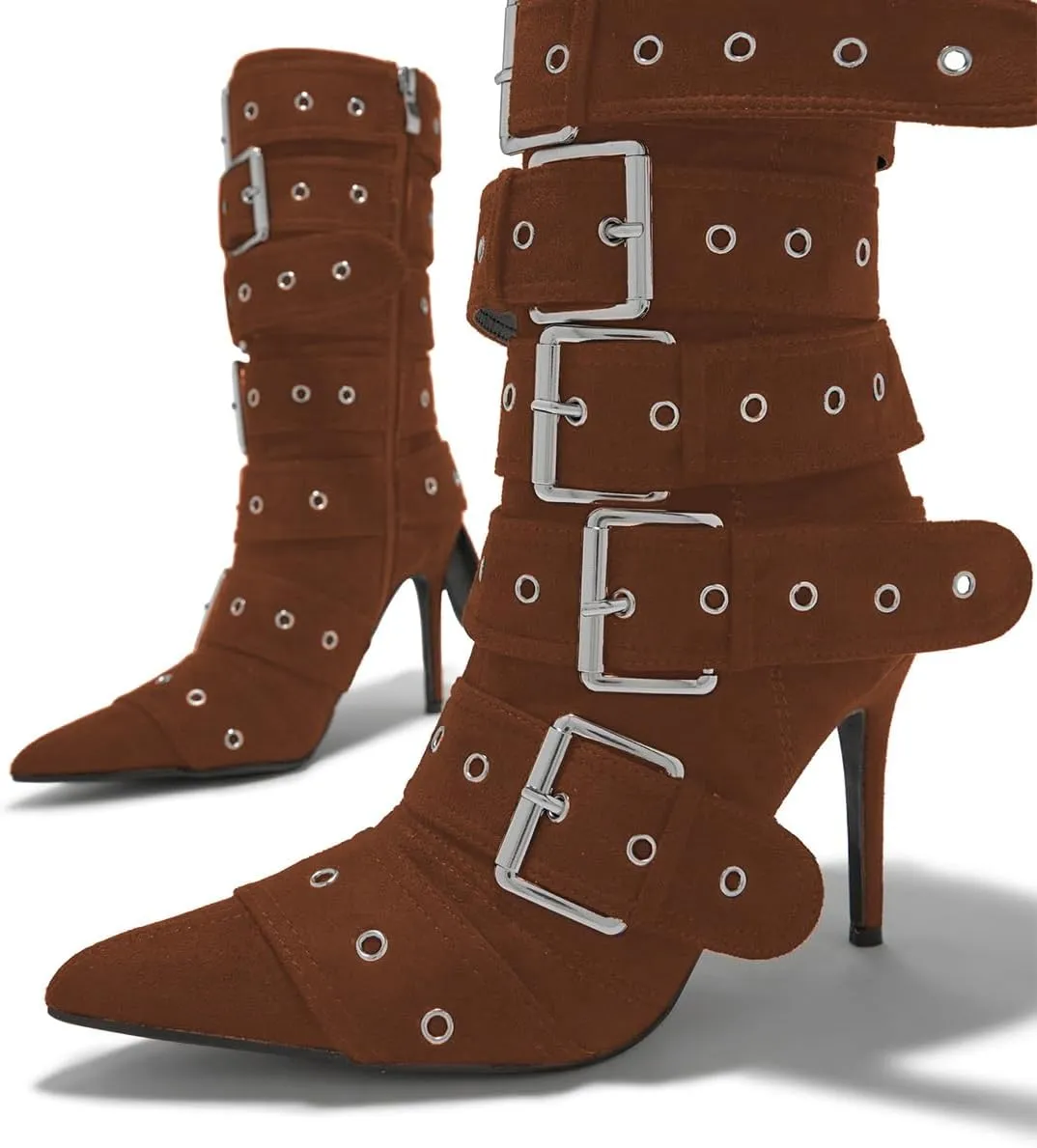 YDN Women Fashion Mid Calf Boots Pointed Toe Buckle Booties Stiletto High Heels Zippers Shoes Party Shopping Daily Size 4-16 US