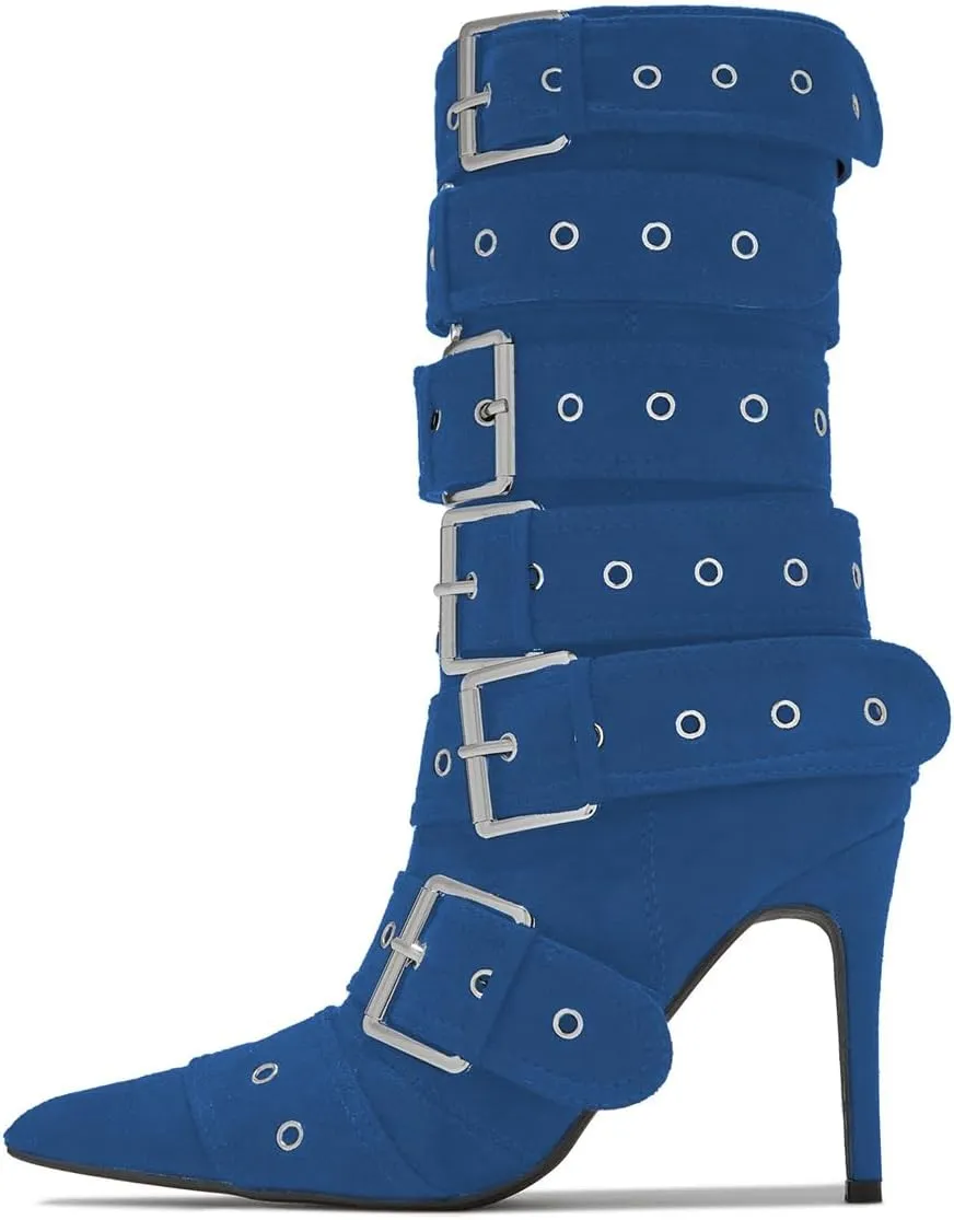YDN Women Fashion Mid Calf Boots Pointed Toe Buckle Booties Stiletto High Heels Zippers Shoes Party Shopping Daily Size 4-16 US