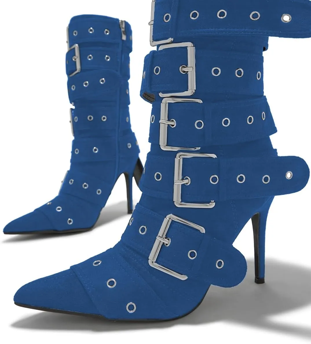 YDN Women Fashion Mid Calf Boots Pointed Toe Buckle Booties Stiletto High Heels Zippers Shoes Party Shopping Daily Size 4-16 US