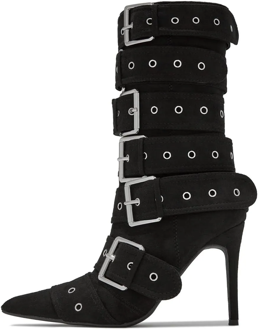 YDN Women Fashion Mid Calf Boots Pointed Toe Buckle Booties Stiletto High Heels Zippers Shoes Party Shopping Daily Size 4-16 US