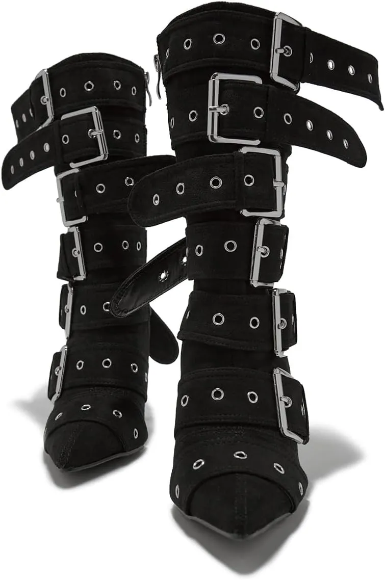 YDN Women Fashion Mid Calf Boots Pointed Toe Buckle Booties Stiletto High Heels Zippers Shoes Party Shopping Daily Size 4-16 US