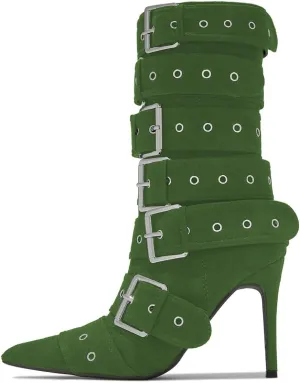 YDN Women Fashion Mid Calf Boots Pointed Toe Buckle Booties Stiletto High Heels Zippers Shoes Party Shopping Daily Size 4-16 US