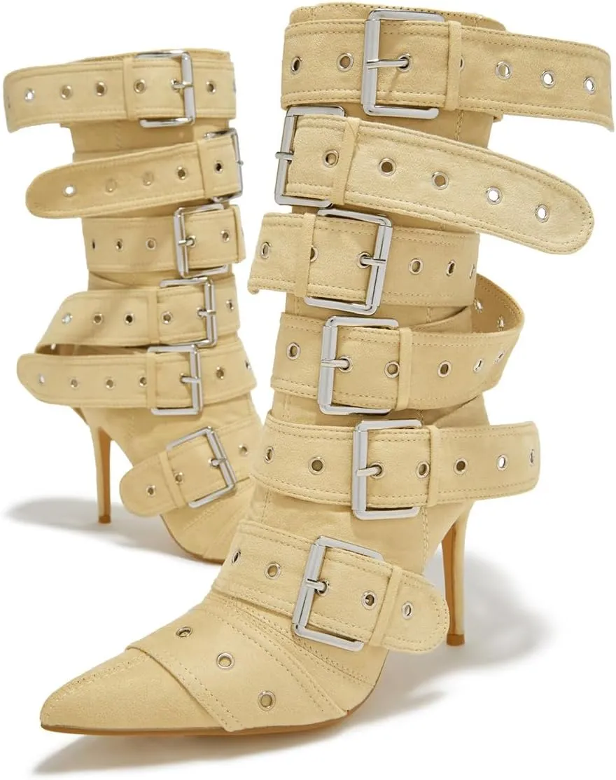 YDN Women Fashion Mid Calf Boots Pointed Toe Buckle Booties Stiletto High Heels Zippers Shoes Party Shopping Daily Size 4-16 US