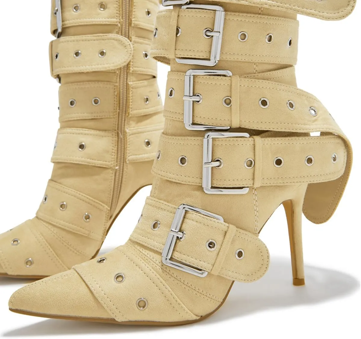 YDN Women Fashion Mid Calf Boots Pointed Toe Buckle Booties Stiletto High Heels Zippers Shoes Party Shopping Daily Size 4-16 US