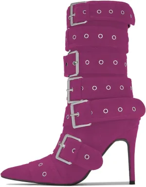 YDN Women Fashion Mid Calf Boots Pointed Toe Buckle Booties Stiletto High Heels Zippers Shoes Party Shopping Daily Size 4-16 US