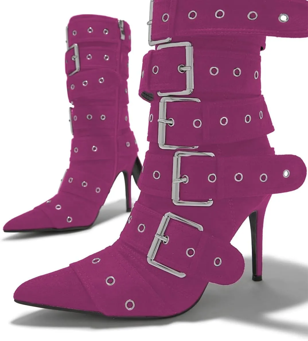 YDN Women Fashion Mid Calf Boots Pointed Toe Buckle Booties Stiletto High Heels Zippers Shoes Party Shopping Daily Size 4-16 US