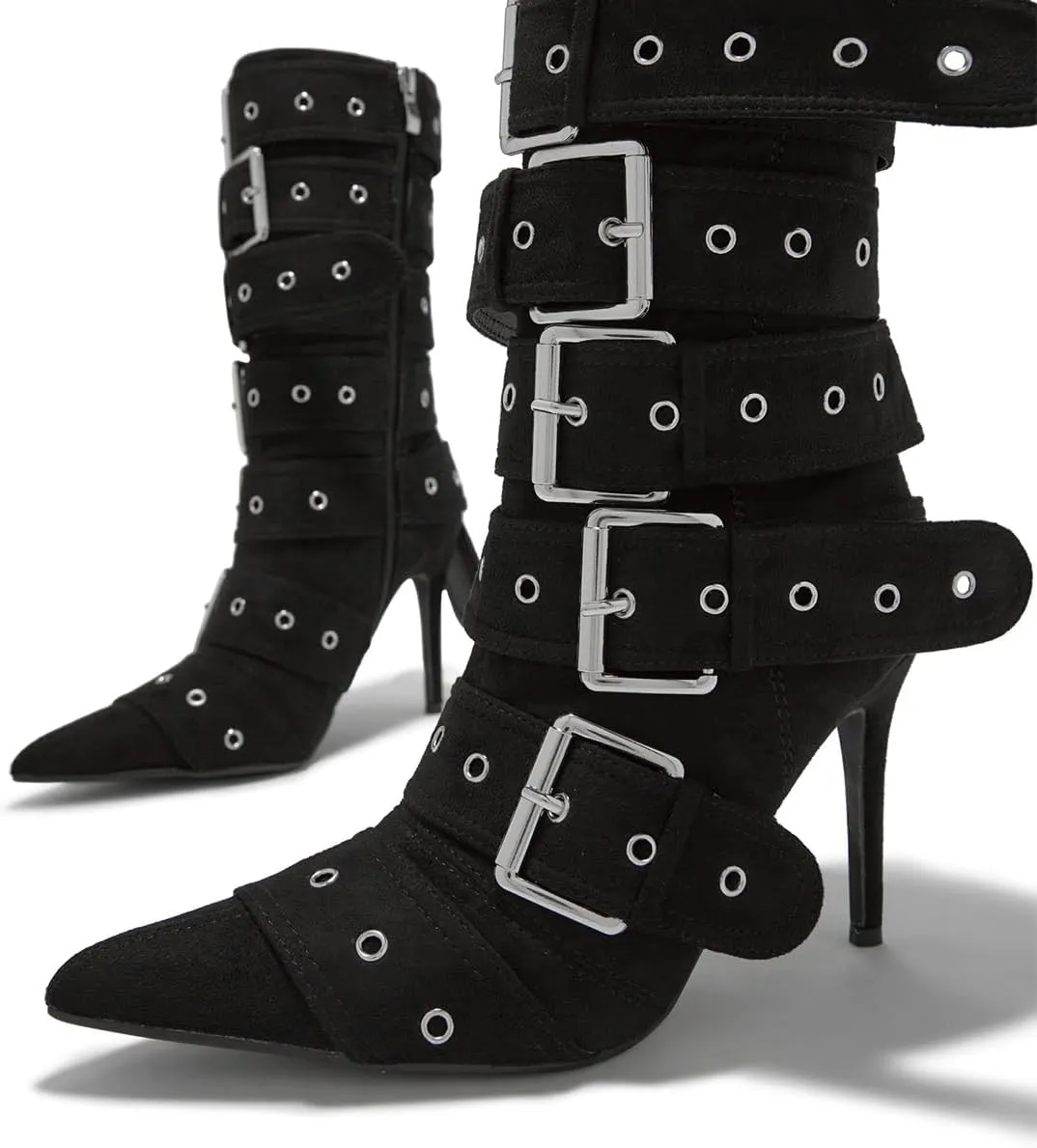YDN Women Fashion Mid Calf Boots Pointed Toe Buckle Booties Stiletto High Heels Zippers Shoes Party Shopping Daily Size 4-16 US