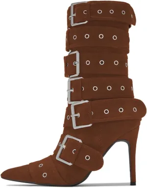 YDN Women Fashion Mid Calf Boots Pointed Toe Buckle Booties Stiletto High Heels Zippers Shoes Party Shopping Daily Size 4-16 US