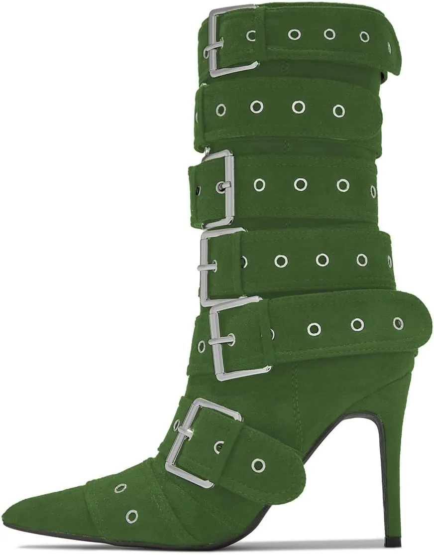 YDN Women Fashion Mid Calf Boots Pointed Toe Buckle Booties Stiletto High Heels Zippers Shoes Party Shopping Daily Size 4-16 US
