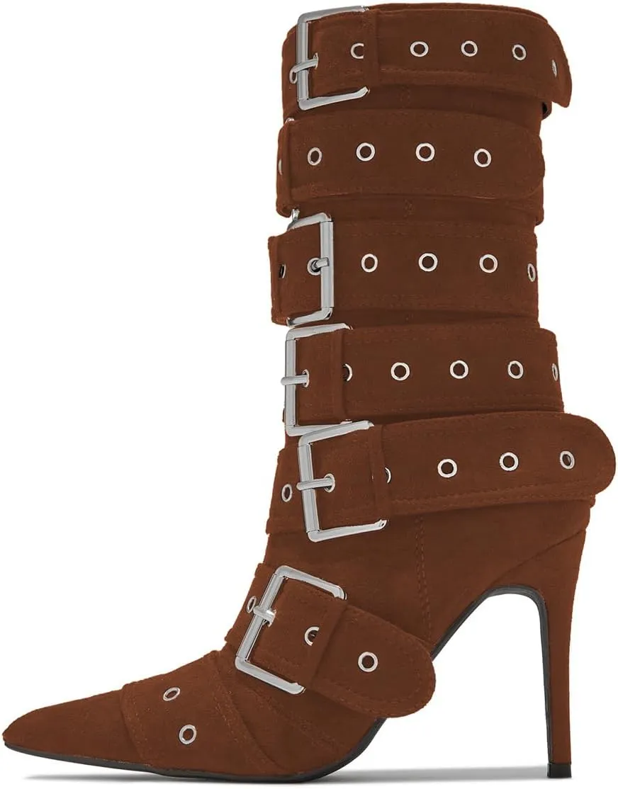YDN Women Fashion Mid Calf Boots Pointed Toe Buckle Booties Stiletto High Heels Zippers Shoes Party Shopping Daily Size 4-16 US