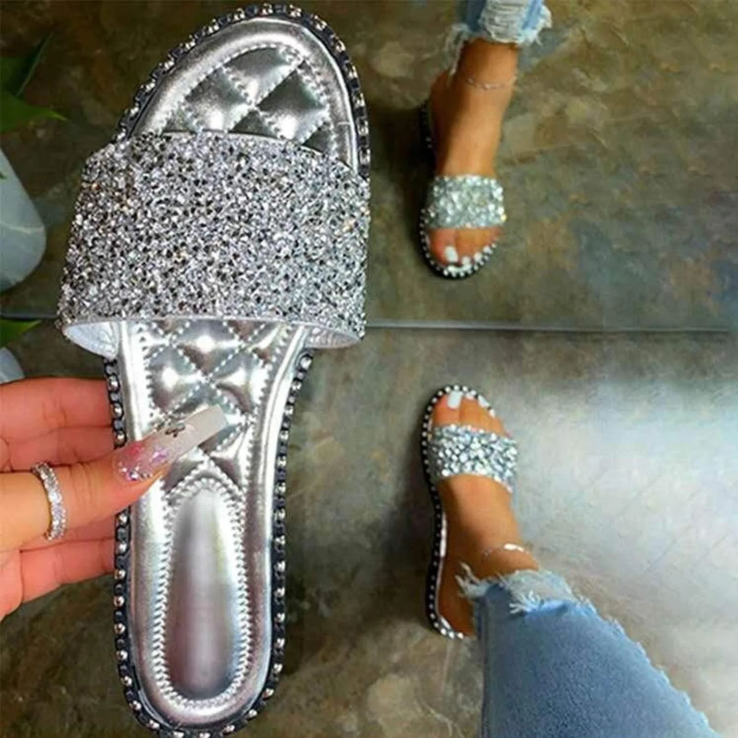 ZBYY Women's Flat Sandals Summer Dressy Beach Slip on Sandals Casual Open Toe Rhinestone Glitter Bling Slide Slippers