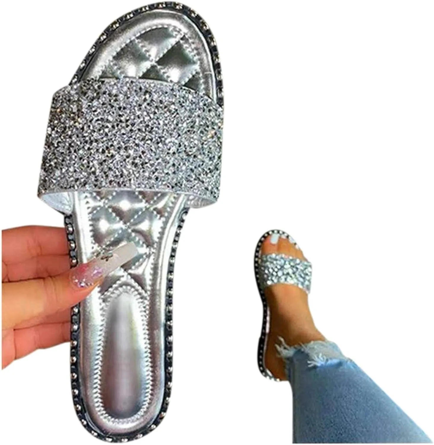 ZBYY Women's Flat Sandals Summer Dressy Beach Slip on Sandals Casual Open Toe Rhinestone Glitter Bling Slide Slippers