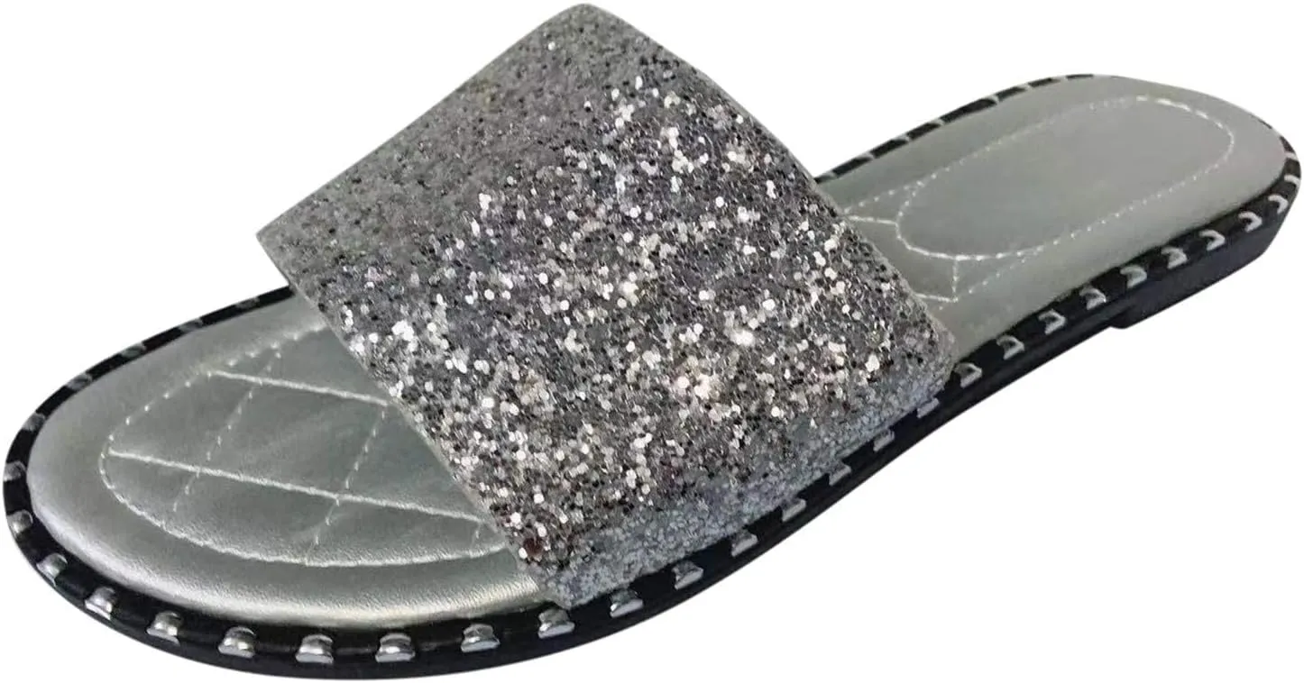 ZBYY Women's Flat Sandals Summer Dressy Beach Slip on Sandals Casual Open Toe Rhinestone Glitter Bling Slide Slippers