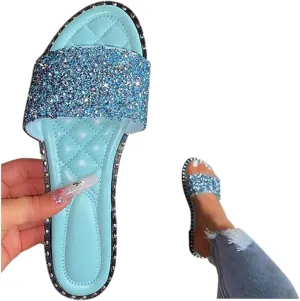 ZBYY Women's Flat Sandals Summer Dressy Beach Slip on Sandals Casual Open Toe Rhinestone Glitter Bling Slide Slippers