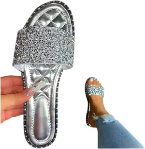 ZBYY Women's Flat Sandals Summer Dressy Beach Slip on Sandals Casual Open Toe Rhinestone Glitter Bling Slide Slippers