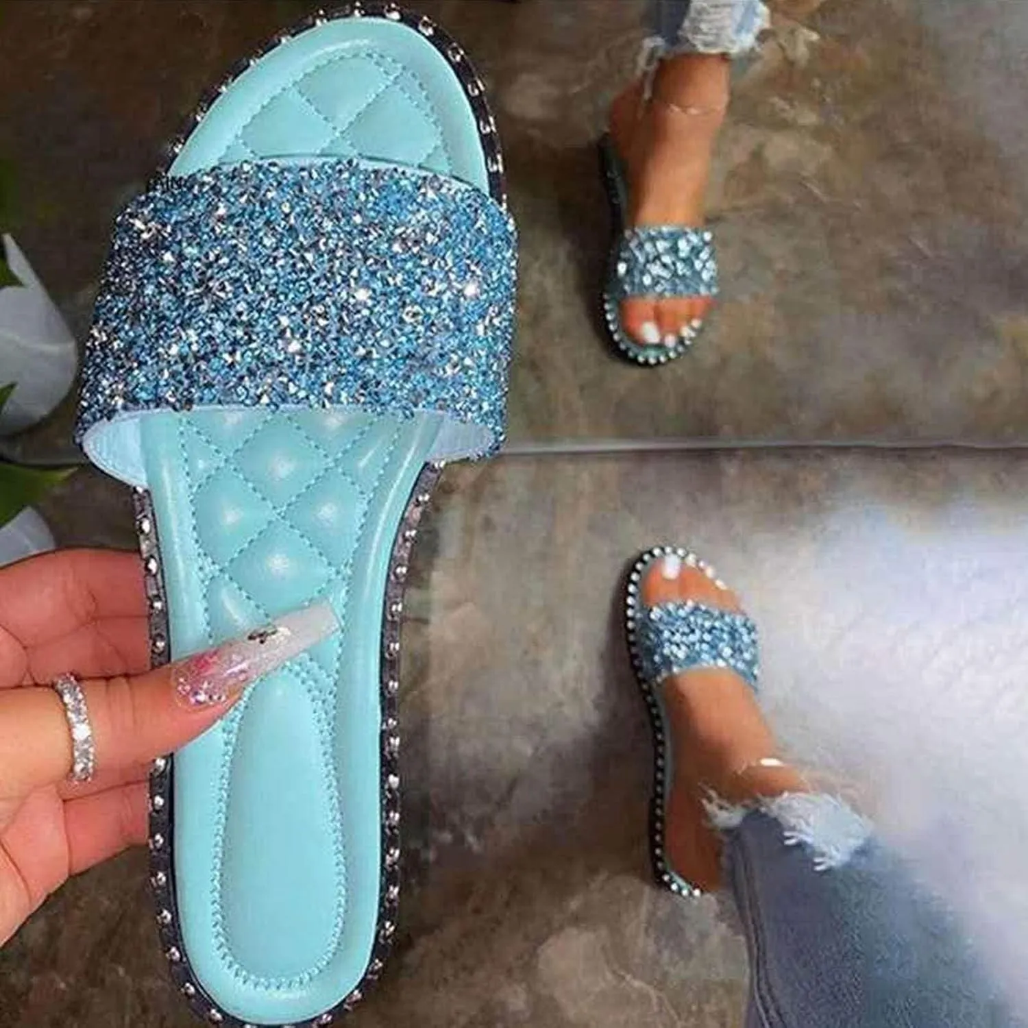 ZBYY Women's Flat Sandals Summer Dressy Beach Slip on Sandals Casual Open Toe Rhinestone Glitter Bling Slide Slippers