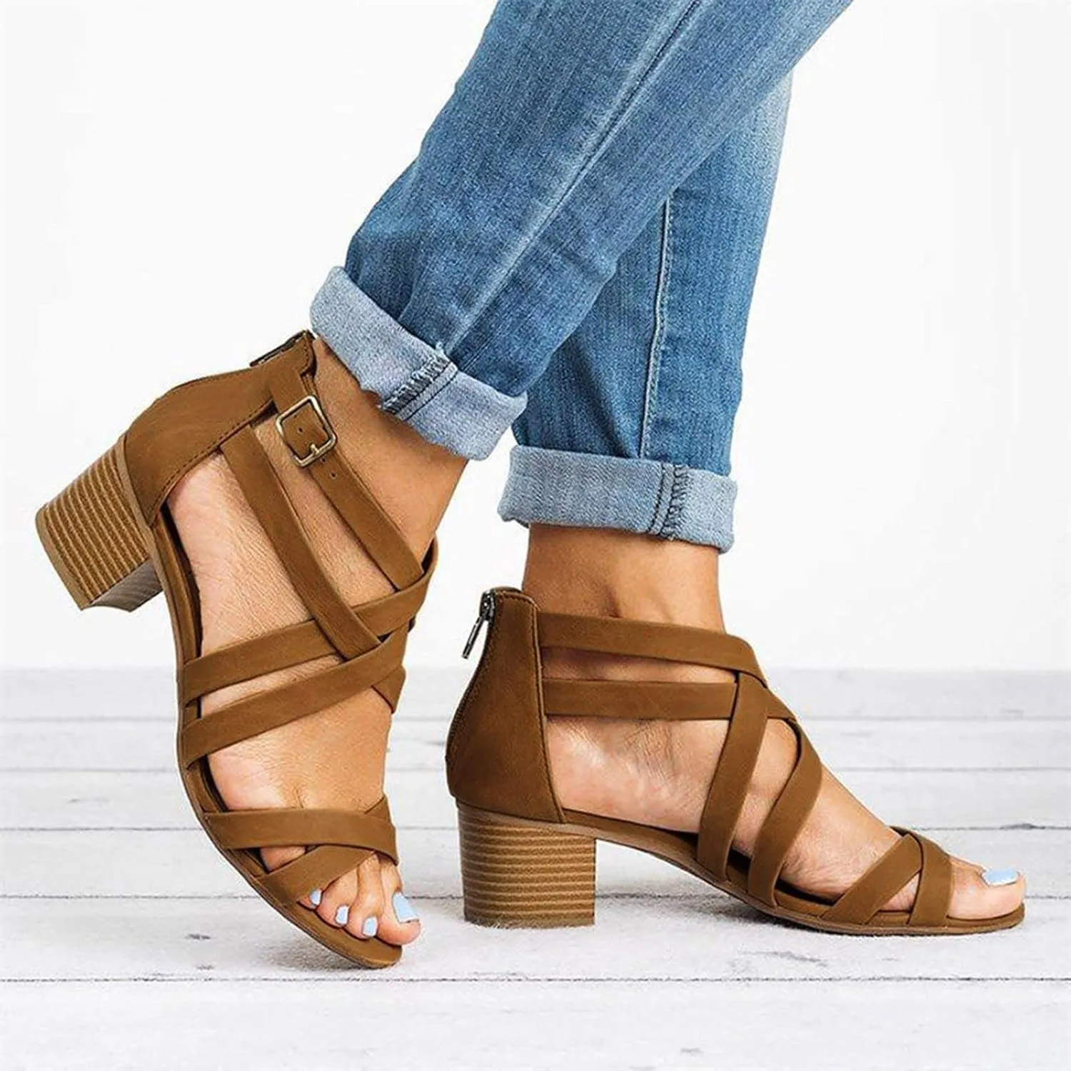 ZBYY Women's Open Toe Ankle Strap Sandals Chunky Heel Crisscross Pump Sandals Ankle Buckle Strap Block Heel Sandals Beach Dress Sandals