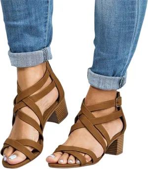 ZBYY Women's Open Toe Ankle Strap Sandals Chunky Heel Crisscross Pump Sandals Ankle Buckle Strap Block Heel Sandals Beach Dress Sandals