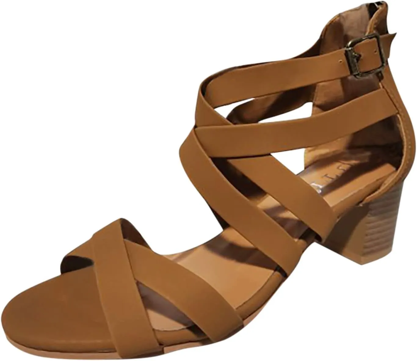 ZBYY Women's Open Toe Ankle Strap Sandals Chunky Heel Crisscross Pump Sandals Ankle Buckle Strap Block Heel Sandals Beach Dress Sandals