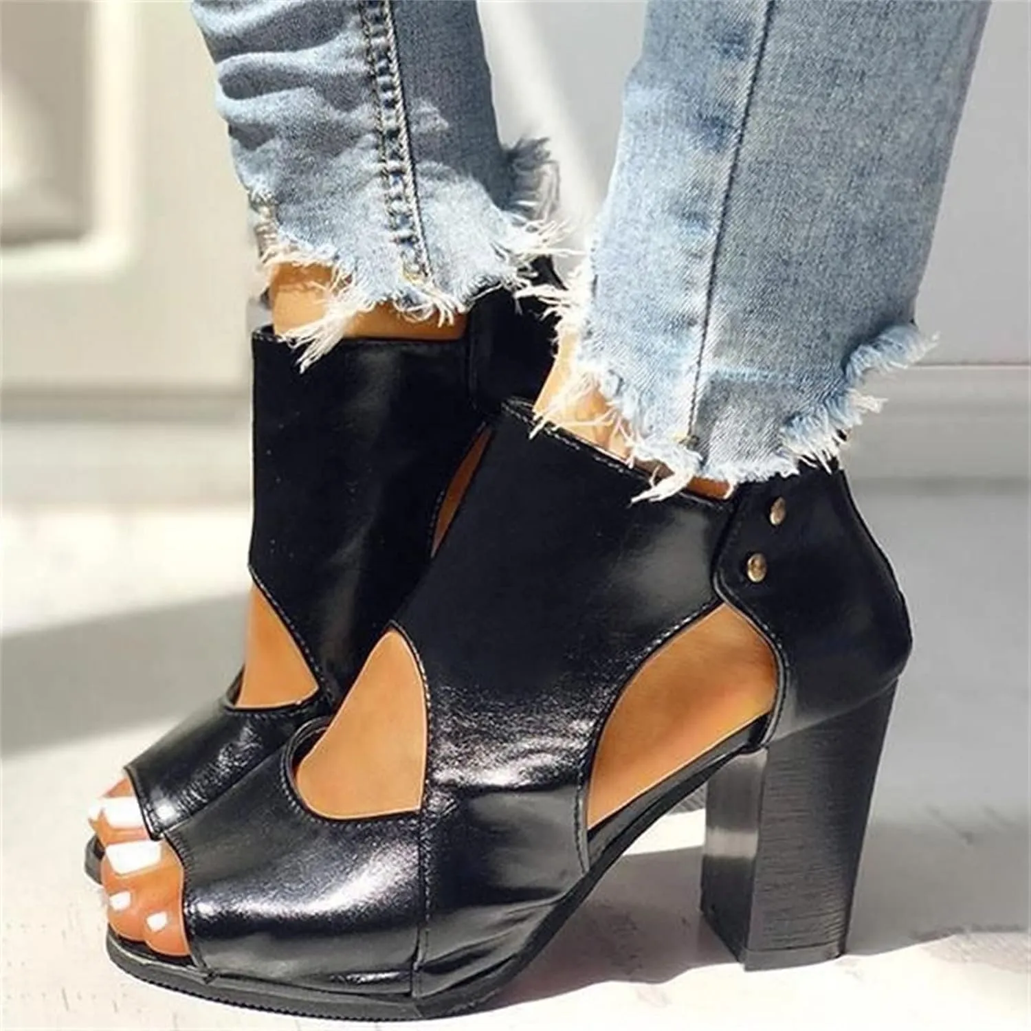 ZBYY Womens Peep Toe Heel Sandals,Summer Cutout Zipper Chunky Heel Sandals Slip On Ankle Western Chelsea Party Dress Booties