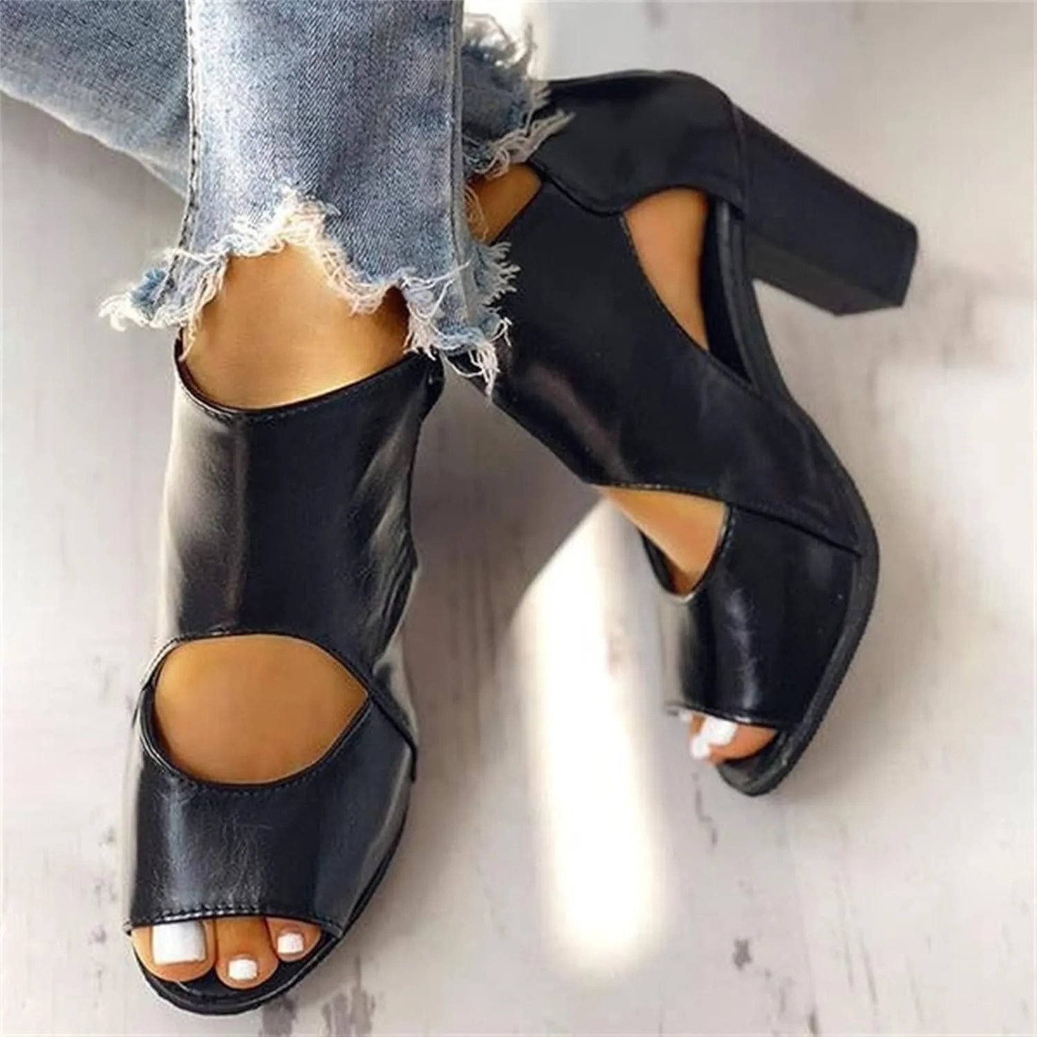 ZBYY Womens Peep Toe Heel Sandals,Summer Cutout Zipper Chunky Heel Sandals Slip On Ankle Western Chelsea Party Dress Booties