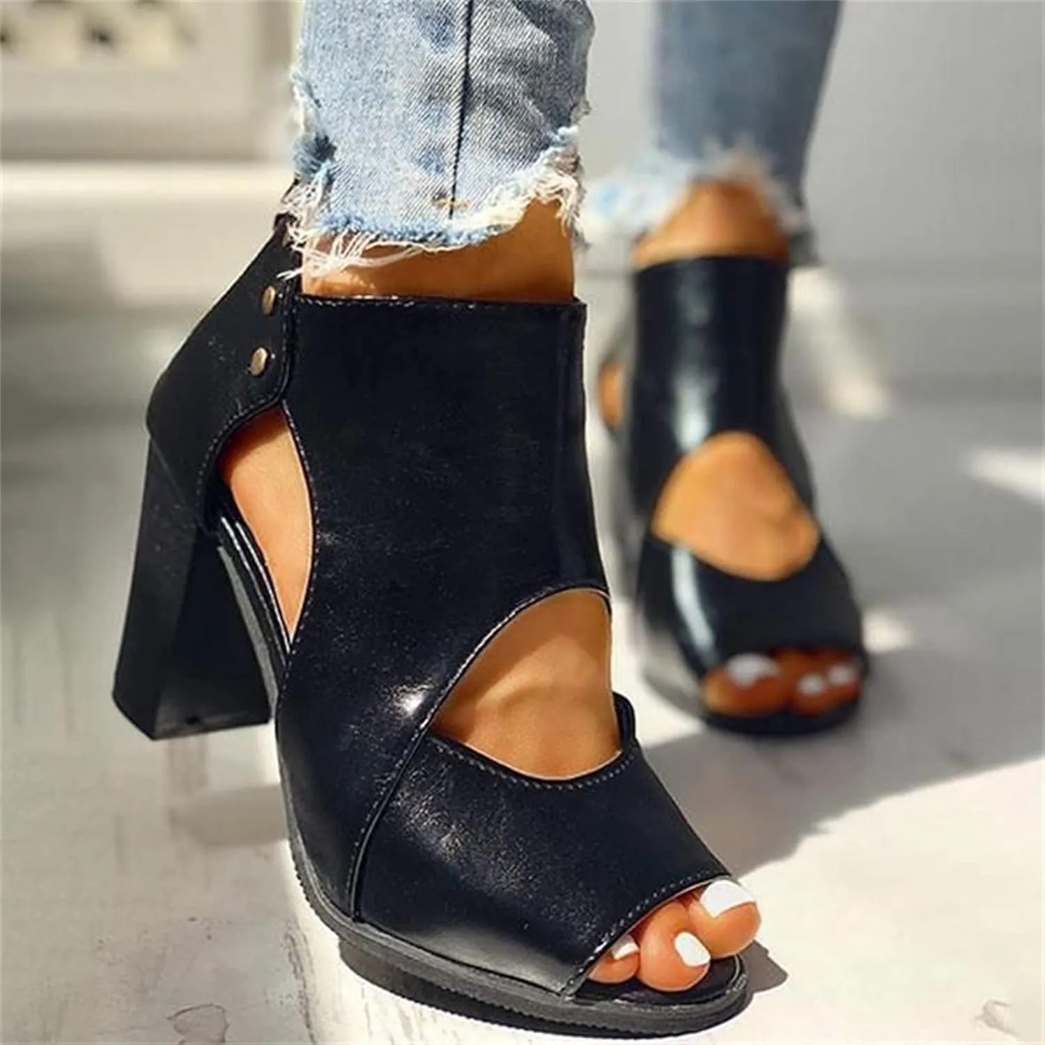 ZBYY Womens Peep Toe Heel Sandals,Summer Cutout Zipper Chunky Heel Sandals Slip On Ankle Western Chelsea Party Dress Booties