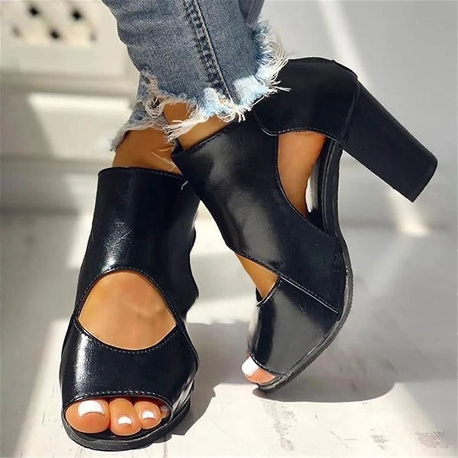 ZBYY Womens Peep Toe Heel Sandals,Summer Cutout Zipper Chunky Heel Sandals Slip On Ankle Western Chelsea Party Dress Booties