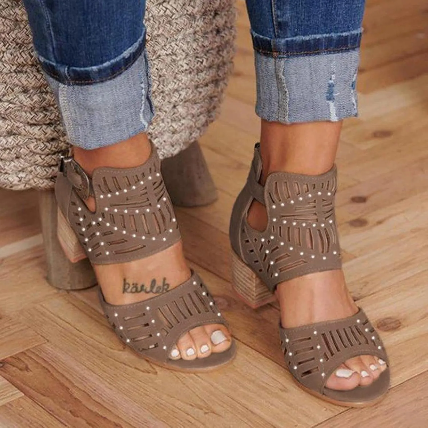 ZBYY Womens Peep Toe Sandals,Summer Open Toe Rhinestone Buckle Cutout Chunky Heel Sandal Dressy Ankle Strap Sandals