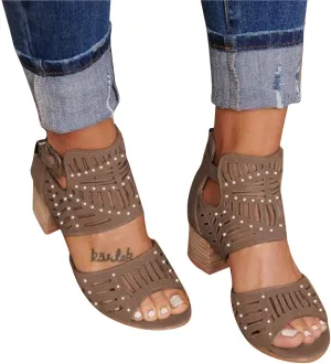 ZBYY Womens Peep Toe Sandals,Summer Open Toe Rhinestone Buckle Cutout Chunky Heel Sandal Dressy Ankle Strap Sandals