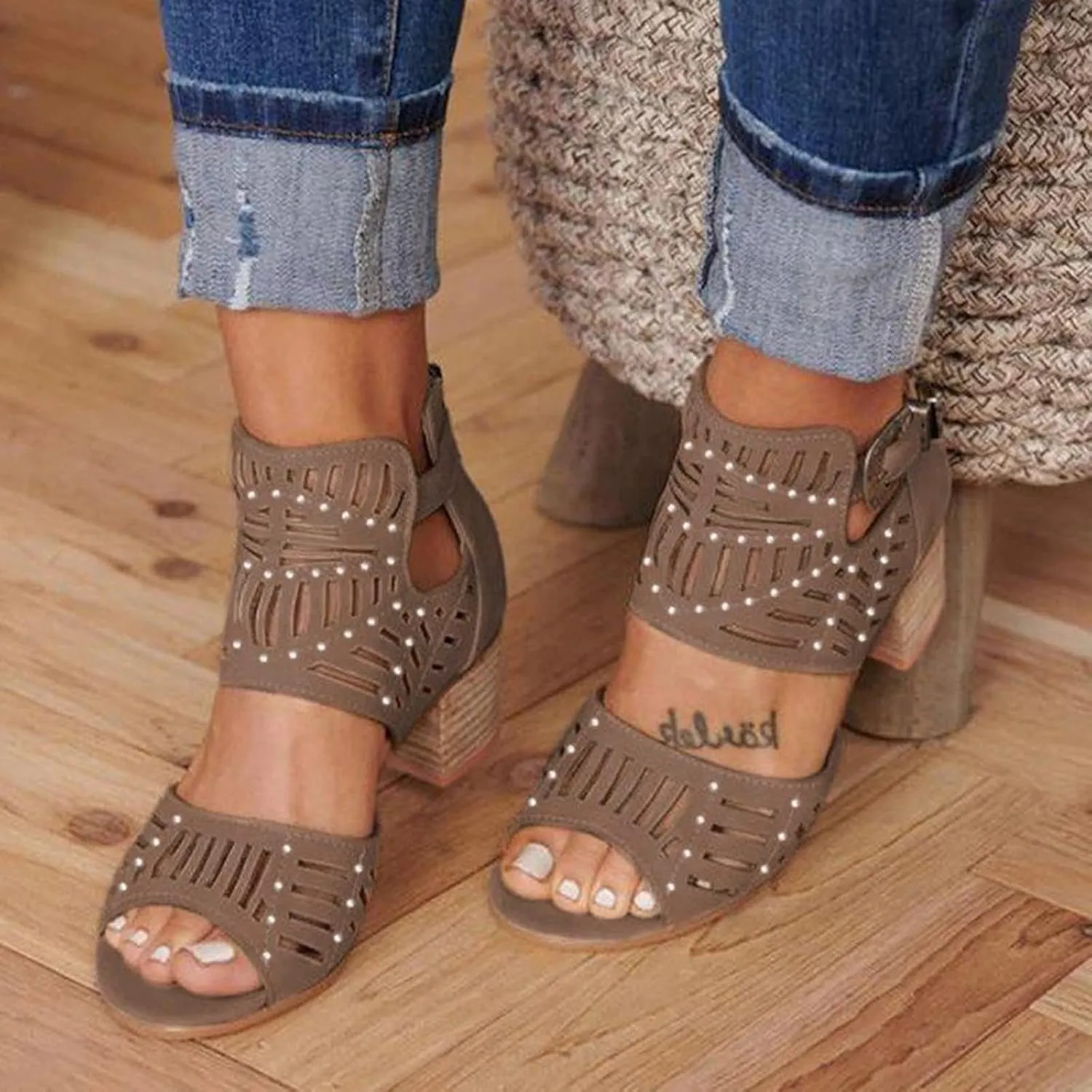 ZBYY Womens Peep Toe Sandals,Summer Open Toe Rhinestone Buckle Cutout Chunky Heel Sandal Dressy Ankle Strap Sandals
