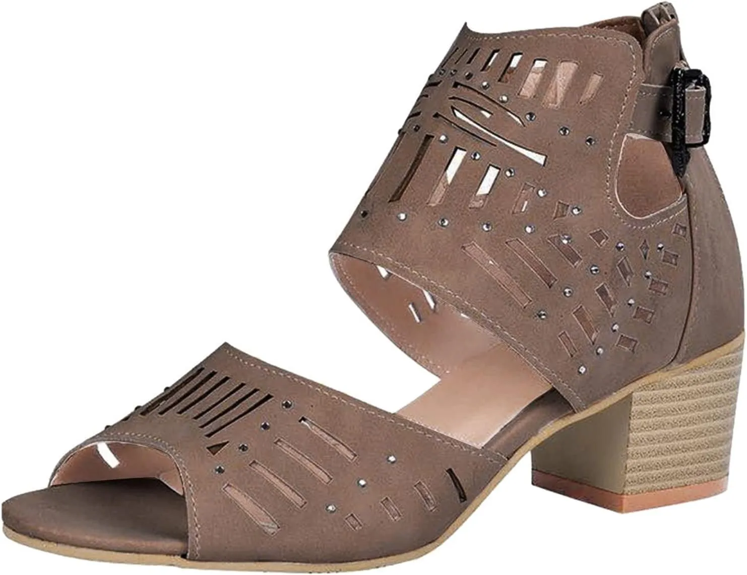 ZBYY Womens Peep Toe Sandals,Summer Open Toe Rhinestone Buckle Cutout Chunky Heel Sandal Dressy Ankle Strap Sandals